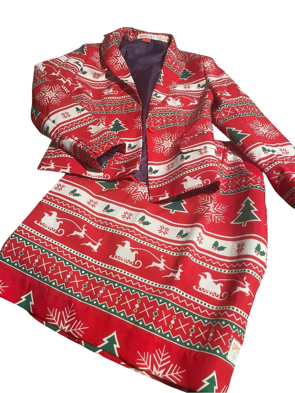 Opposuits lined Women’s Red Holiday Print Jacket and Skirt Set excellent sz 4